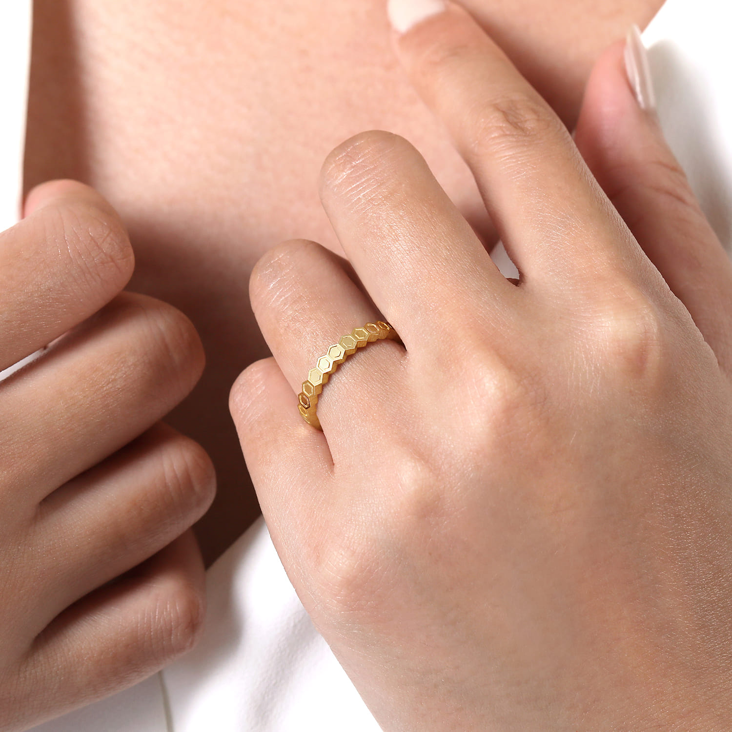 14K Yellow Gold Hexagon Station Stackable Ring - Shot 5
