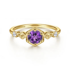 14K Yellow Gold Hexagonal Amethyst Diamond Ring