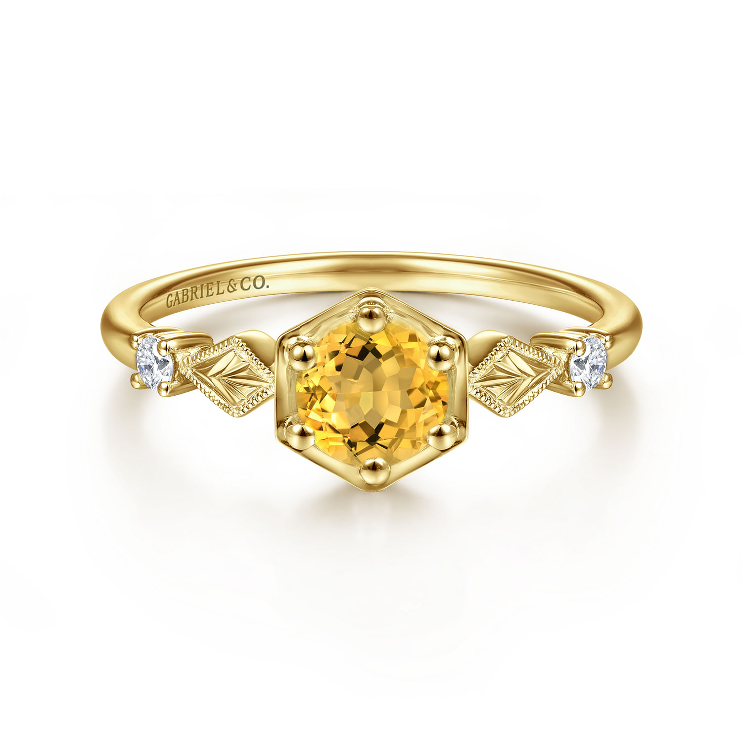 14K Yellow Gold Hexagonal Citrine Diamond Ring