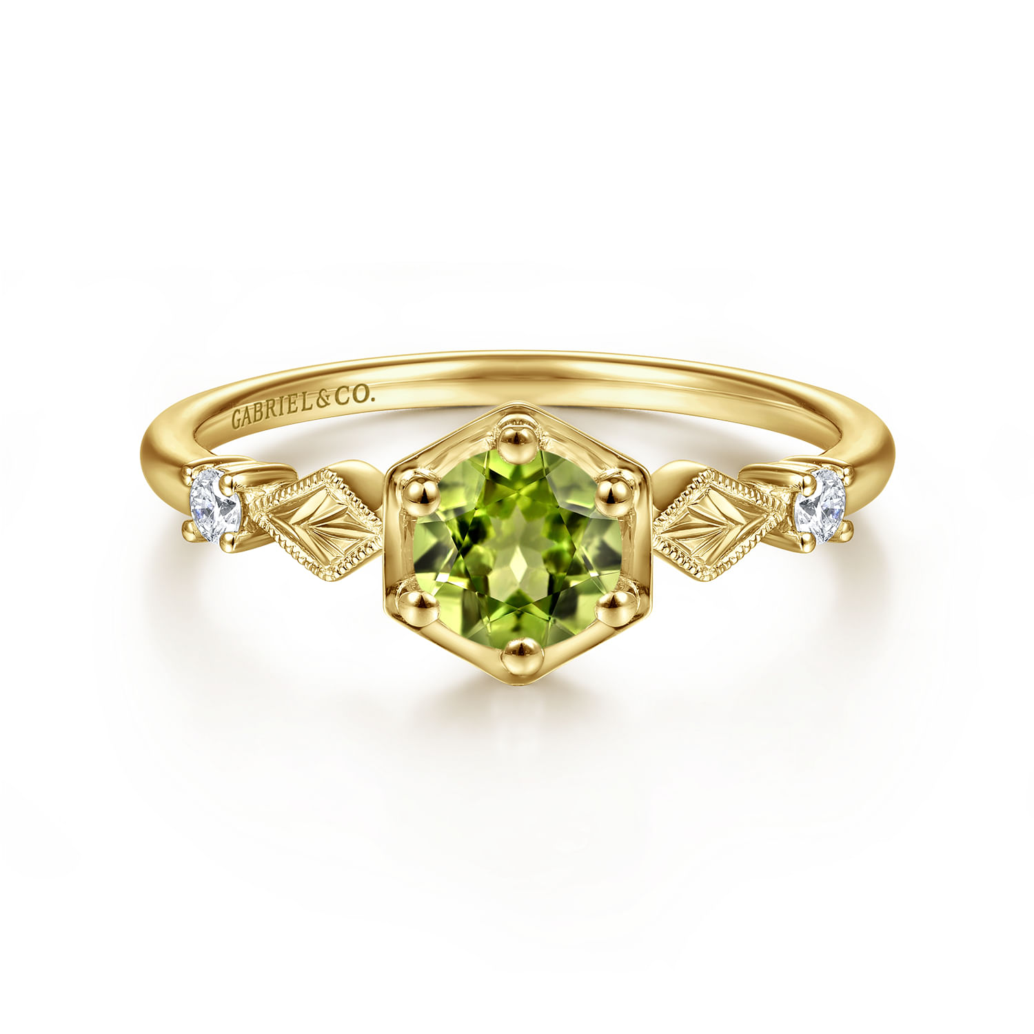 14K Yellow Gold Hexagonal Peridot Diamond Ring