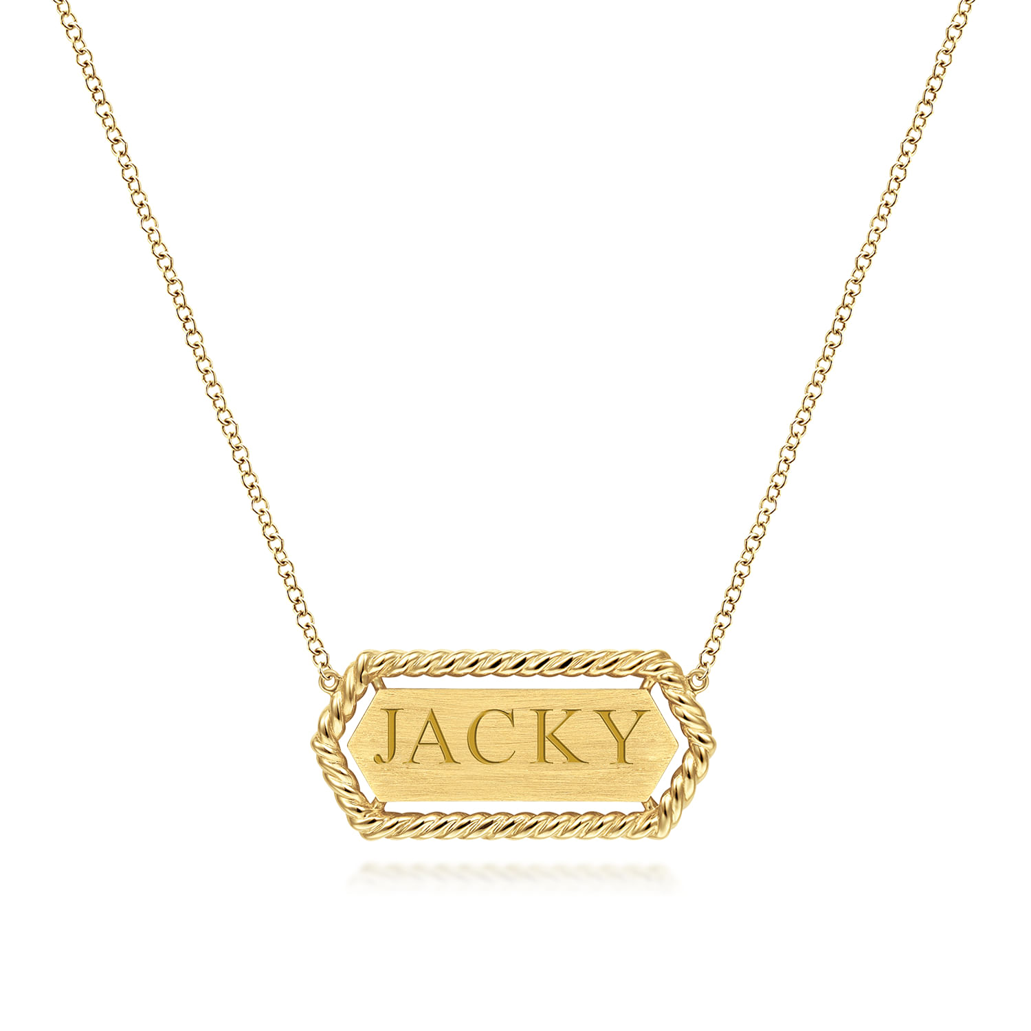 14K Yellow Gold Hexagonal Rectangle ID Necklace with Twisted Rope Frame