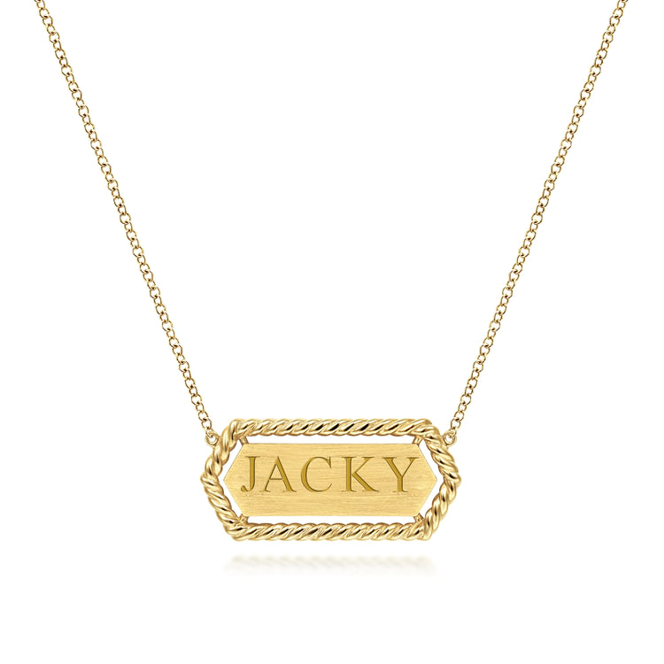 14K Yellow Gold Hexagonal Rectangle ID Necklace with Twisted Rope Frame