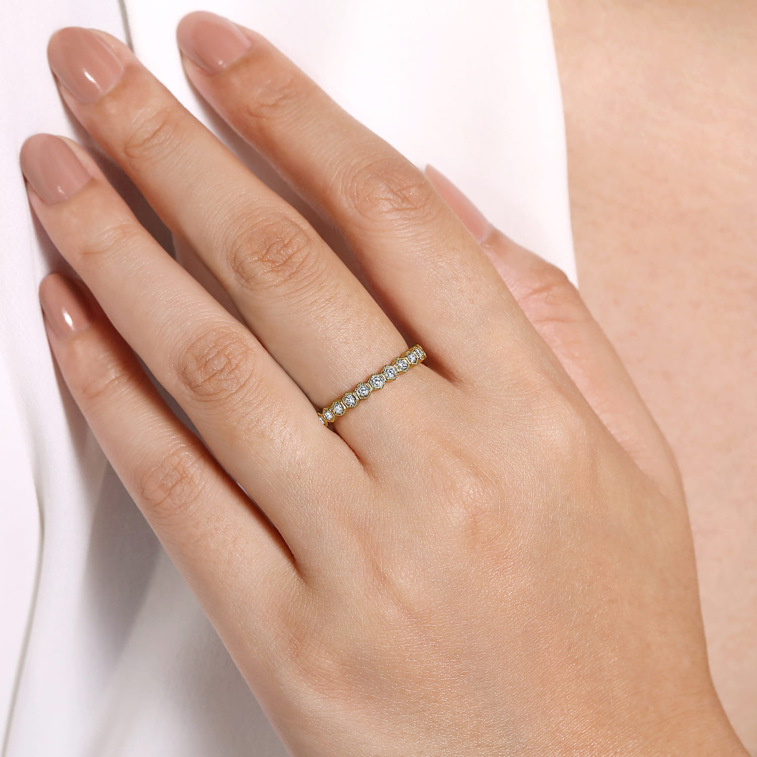 14K Yellow Gold Hexagonal Station Stackable Diamond Ring - 0.45 ct - Shot 5