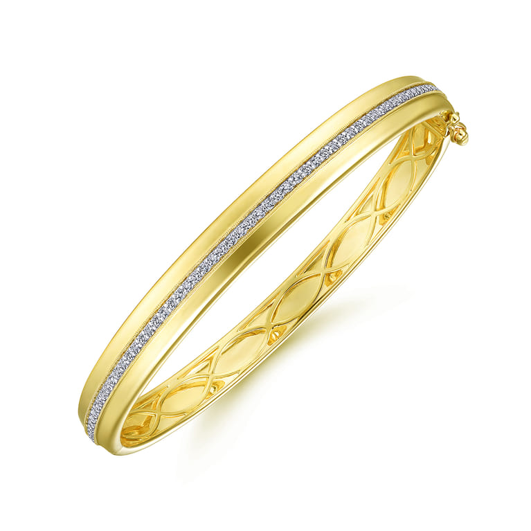 14K Yellow Gold High Polished Bangle with Diamond Inner Channel - 0.6 ct - Shot 2