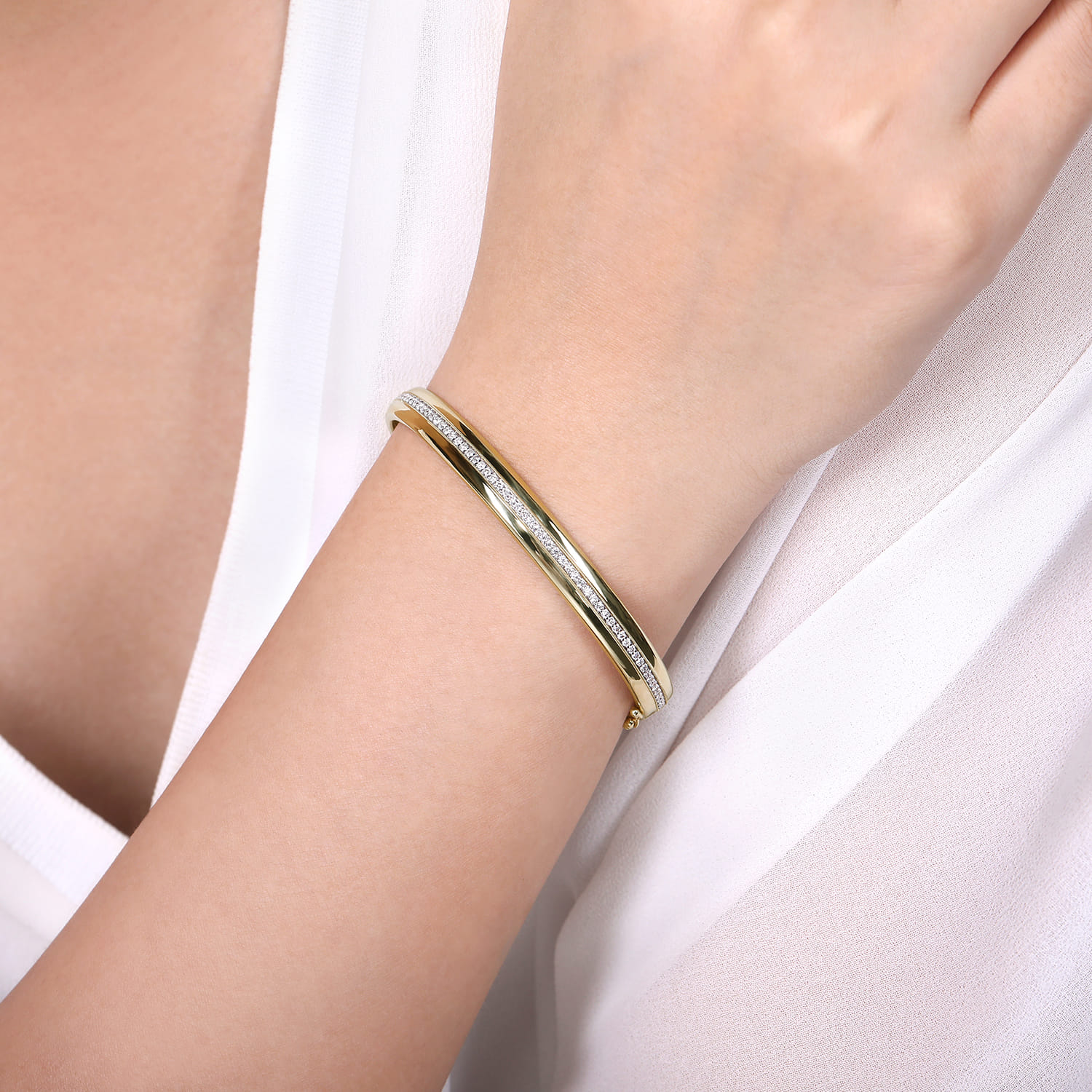14K Yellow Gold High Polished Bangle with Diamond Inner Channel - 0.65 ct - Shot 4