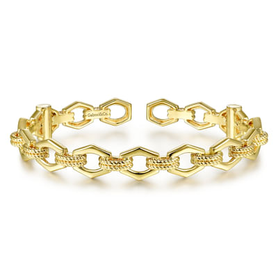 14K Yellow Gold High Polished Chain Link Cuff Bracelet with Twisted Rope Connectors