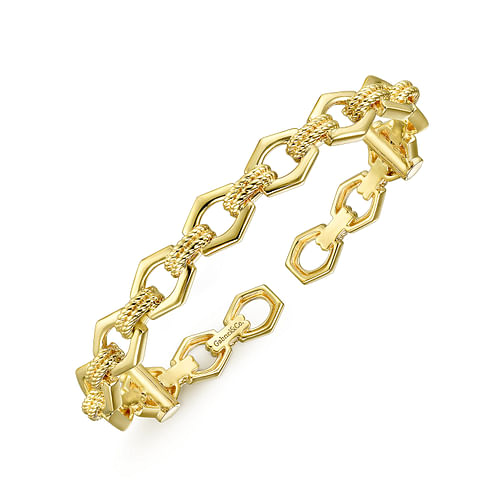 14K Yellow Gold High Polished Chain Link Cuff Bracelet with Twisted Rope Connectors - Shot 2