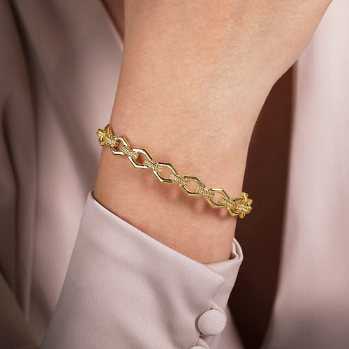 14K Yellow Gold High Polished Chain Link Cuff Bracelet with Twisted Rope Connectors - Shot 4