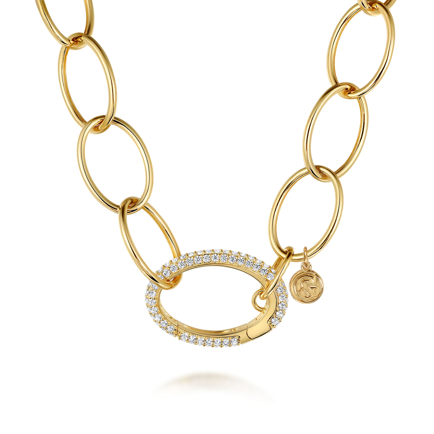14K Yellow Gold Hollow Chain Necklace with Diamond Oval Lock Pendant