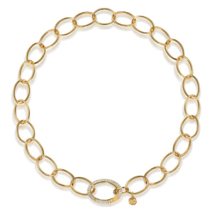 14K Yellow Gold Hollow Chain Necklace with Diamond Oval Lock Pendant