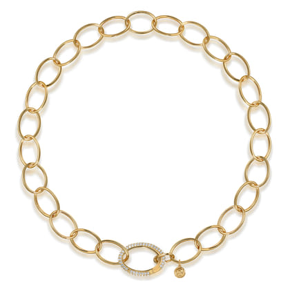 14K Yellow Gold Hollow Chain Necklace with Diamond Oval Lock Pendant