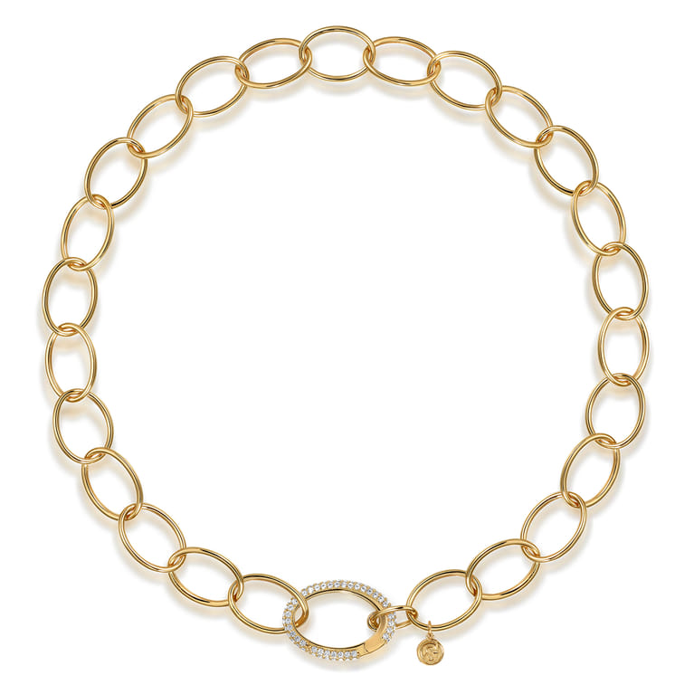 14K Yellow Gold Hollow Chain Necklace with Diamond Oval Lock Pendant - 1.35 ct - Shot 2
