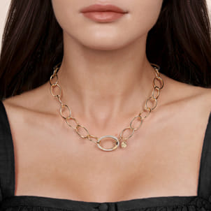 14K Yellow Gold Hollow Chain Necklace with Diamond Oval Lock Pendant