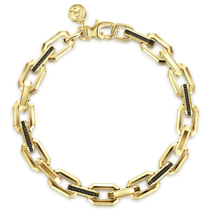 14K Yellow Gold Hollow Faceted Chain Black Diamond Bracelet