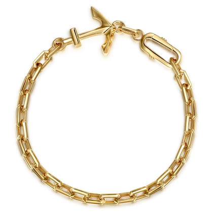 14K Yellow Gold Hollow Link Chain and Anchor Men's Bracelet