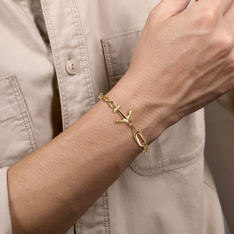 14K Yellow Gold Hollow Link Chain and Anchor Men's Bracelet - Shot 3