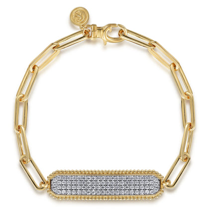 14K Yellow Gold Hollow Paperclip Chain Diamond Pave ID Bracelet