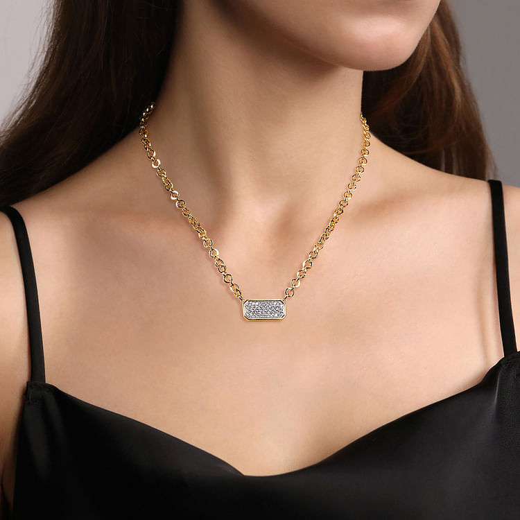 14K Yellow Gold Hollow Tube Link Diamond Necklace