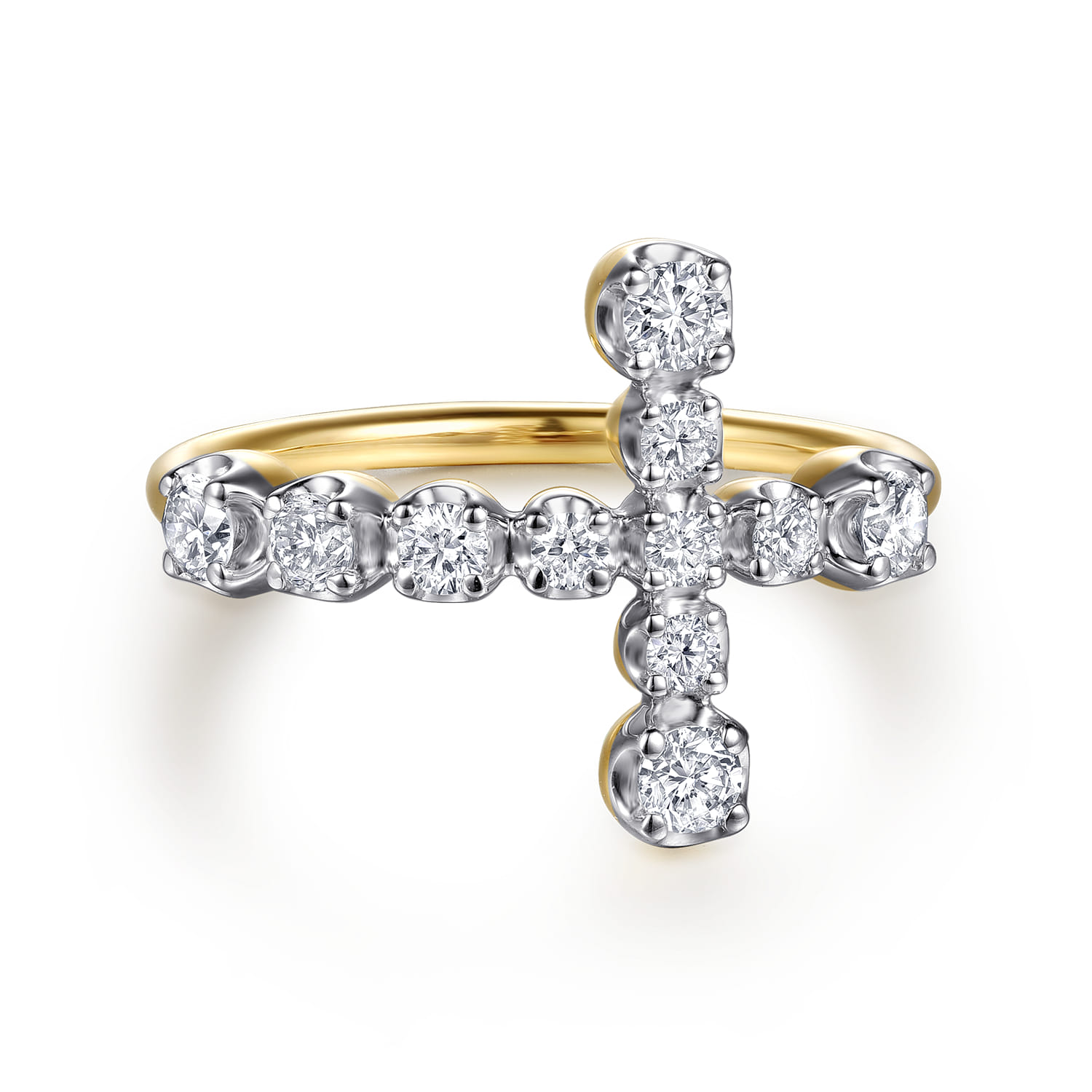 14K Yellow Gold Horizontal Diamond Cross Ladies Ring - 0.5 ct - Shot 1