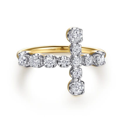 14K Yellow Gold Horizontal Diamond Cross Ladies Ring
