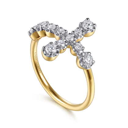 14K Yellow Gold Horizontal Diamond Cross Ladies Ring