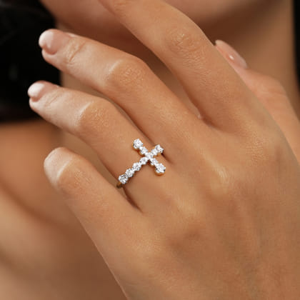 14K Yellow Gold Horizontal Diamond Cross Ladies Ring