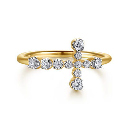 14K Yellow Gold Horizontal Diamond Cross Ladies Ring