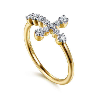 14K Yellow Gold Horizontal Diamond Cross Ladies Ring