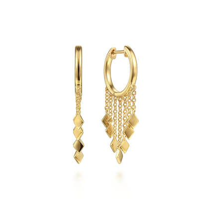 14K Yellow Gold Huggie Earrings with Chain and Diamond Tassel Drops