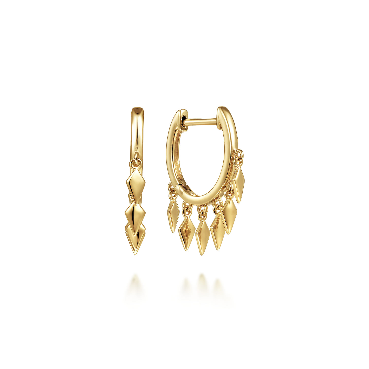 14K Yellow Gold Huggie Earrings with Rhombus Drops - Shot 1