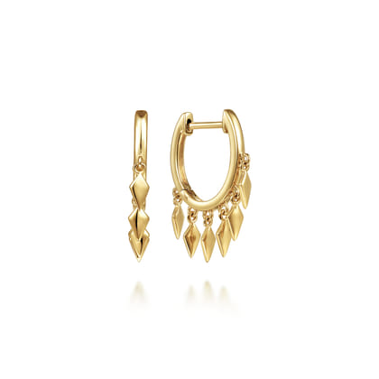 14K Yellow Gold Huggie Earrings with Rhombus Drops