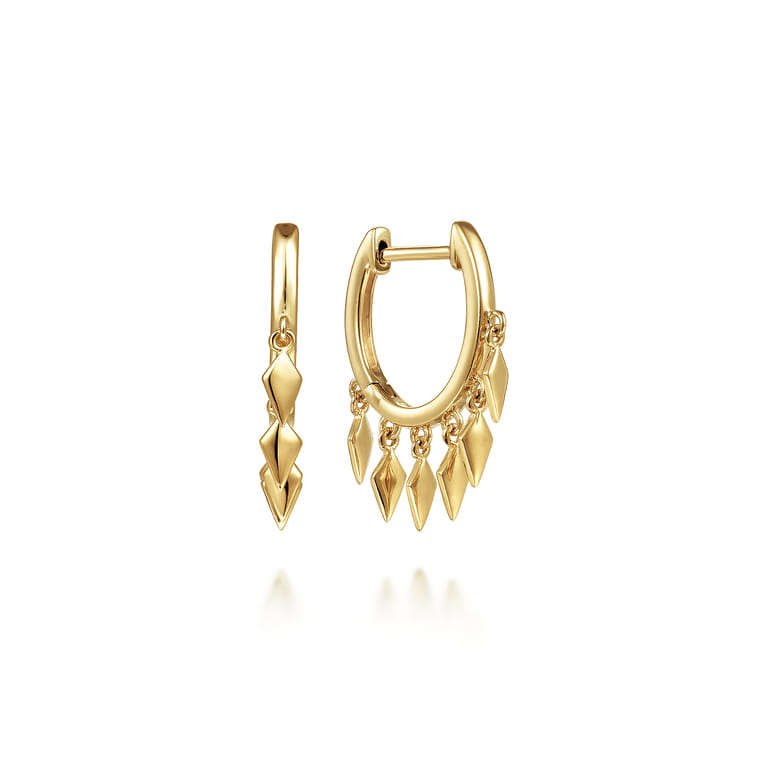 14K Yellow Gold Huggie Earrings with Rhombus Drops - Shot 1