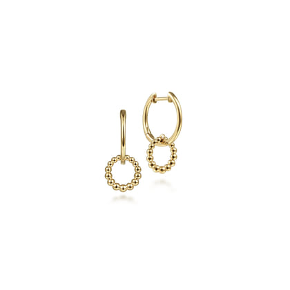 14K Yellow Gold Huggies with Beaded Circle Drops