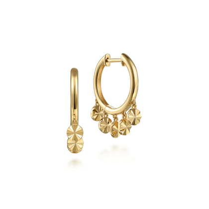 14K Yellow Gold Huggies with Disc Drops