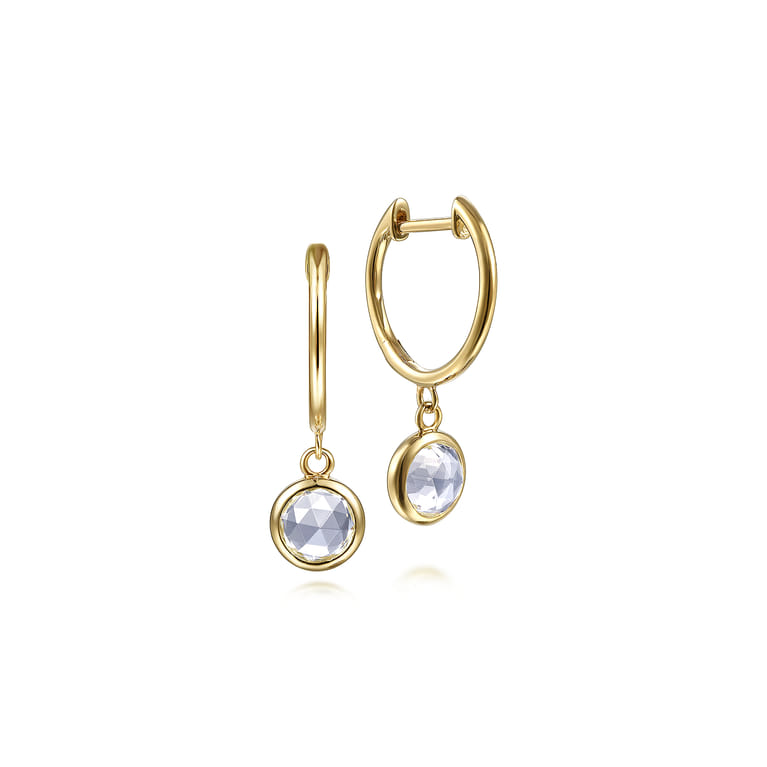14K Yellow Gold Huggies with White Topaz Bezel Drops - Shot 1