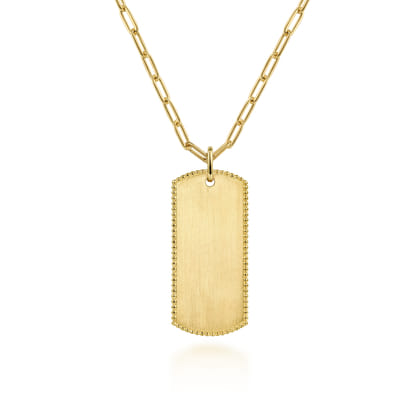 14K Yellow Gold ID Dog Tag Pendant Hollow Chain Necklace