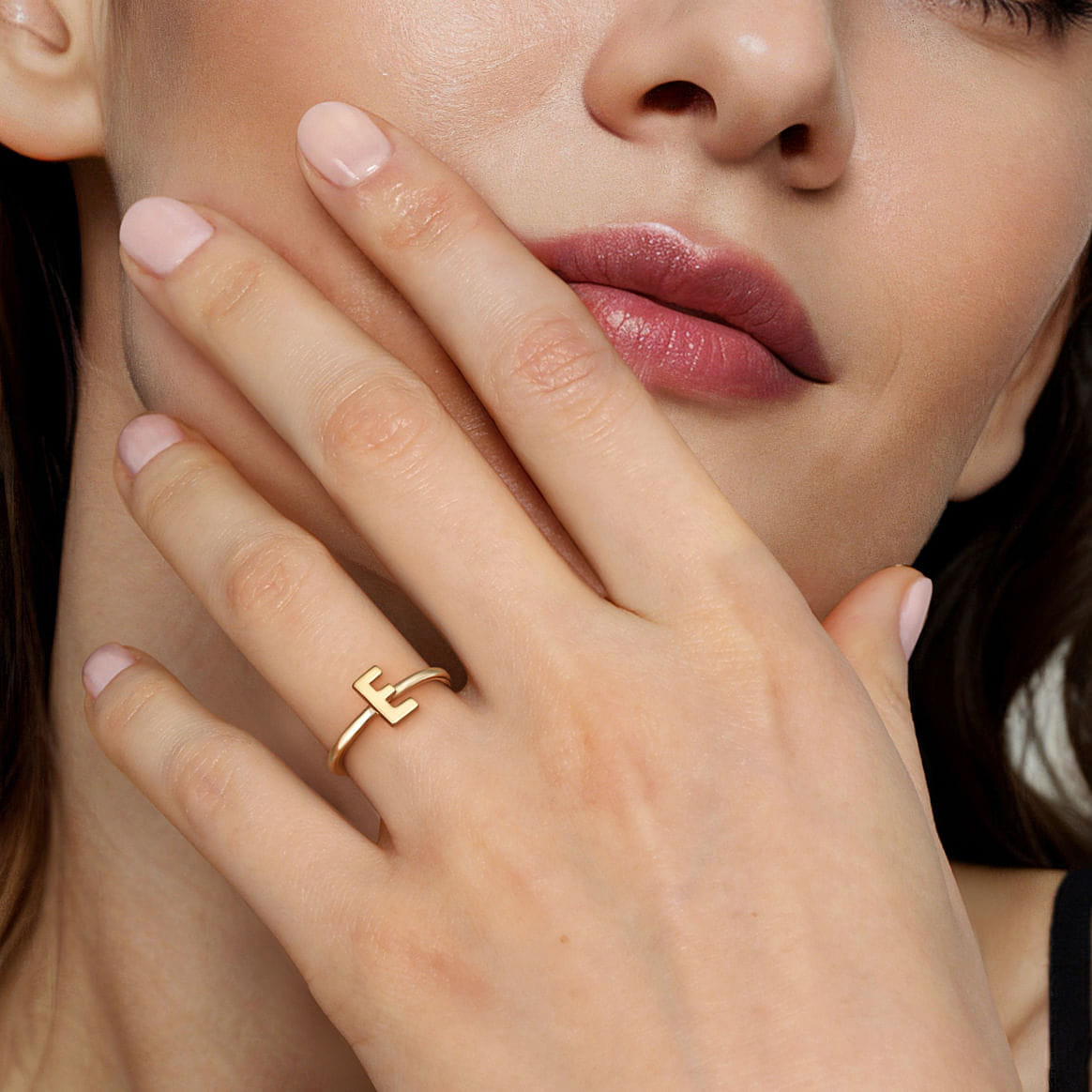 14K Yellow Gold Initial E Stackable Ring - Shot 5