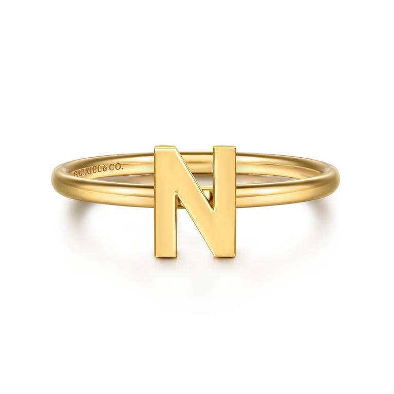 14K Yellow Gold Initial N Stackable Ring - Shot 1