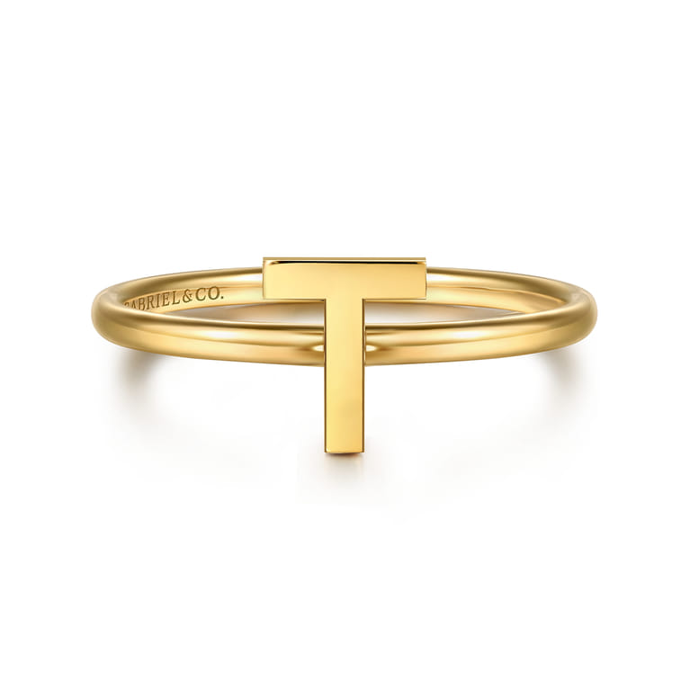 14K Yellow Gold Initial T Stackable Ring - Shot 1