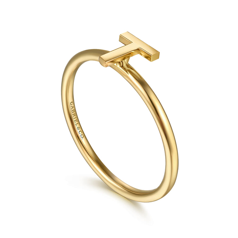 14K Yellow Gold Initial T Stackable Ring - Shot 3
