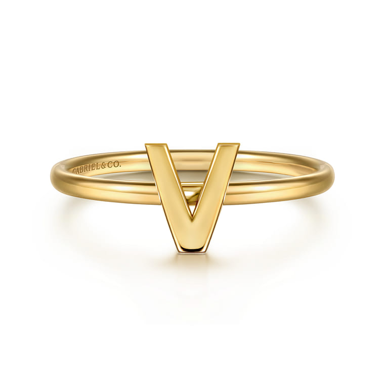 14K Yellow Gold Initial V Stackable Ring - Shot 1