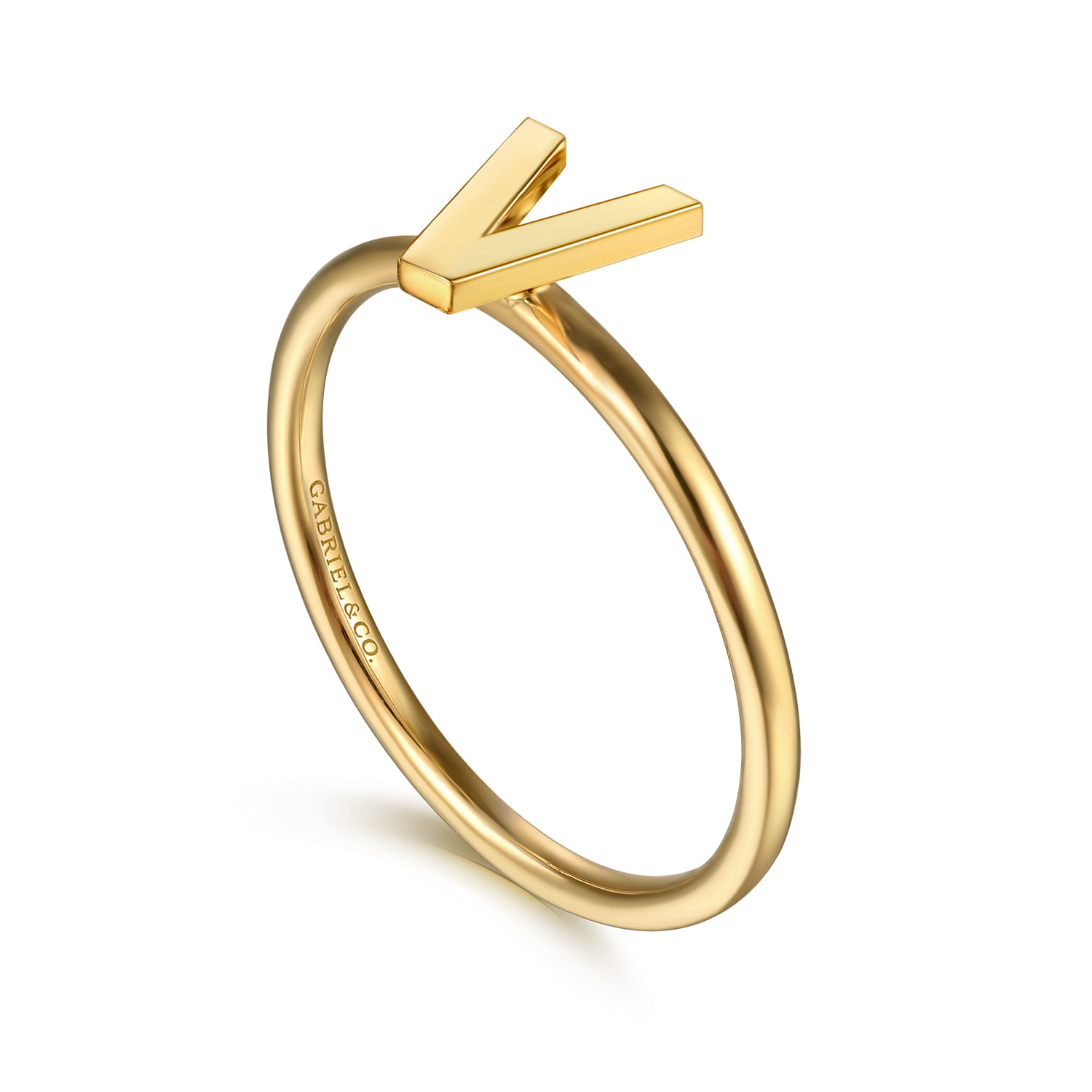 14K Yellow Gold Initial V Stackable Ring - Shot 3