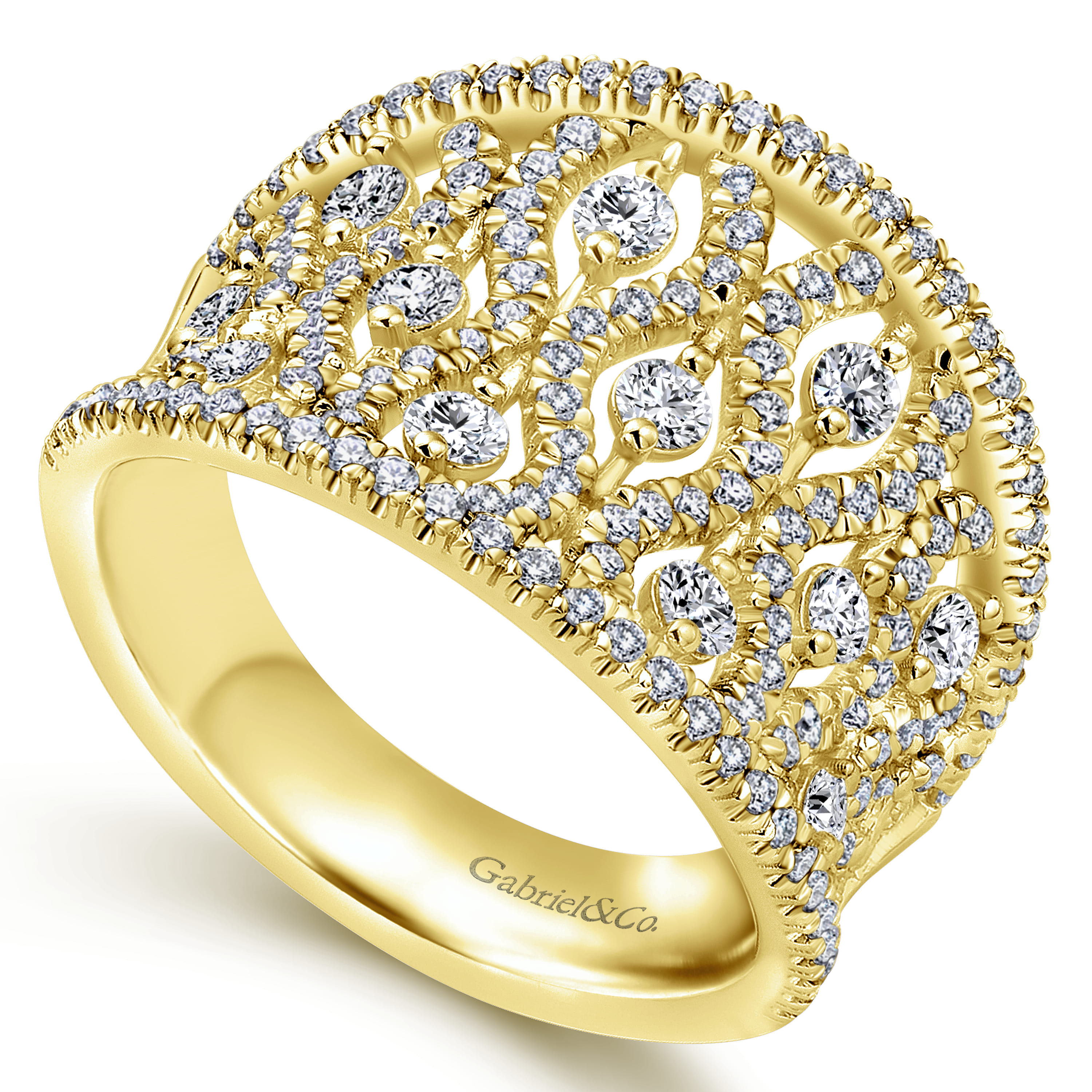 14K Yellow Gold Intricate Openwork Diamond Wide Band Ring - Shot 3