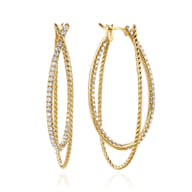 14K Yellow Gold Intricate Twisted Oval 45mm Diamond Hoop Earrings