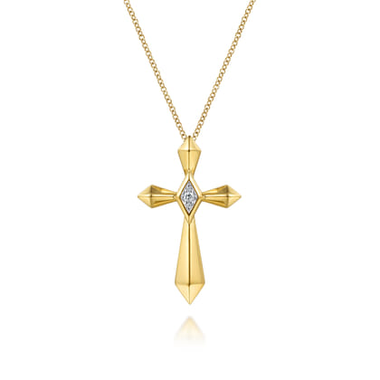 14K Yellow Gold Kite Pyramid Diamond Cross Necklace