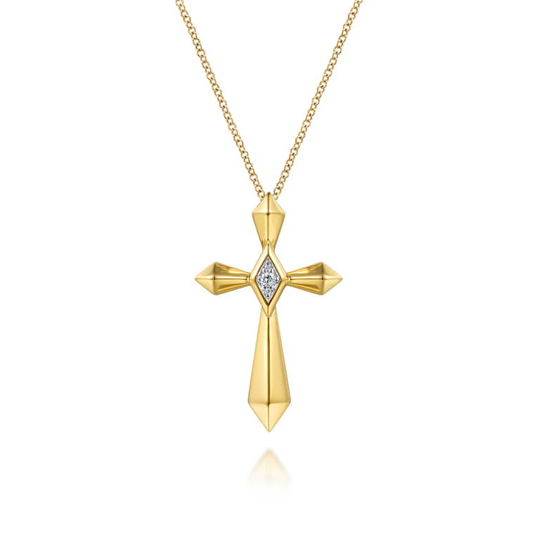 14K Yellow Gold Kite Pyramid Diamond Cross Necklace - 0.04 ct - Shot 1