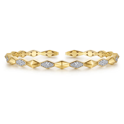 14K Yellow Gold Kite Pyramid Diamond Hard Cuff Bangle Bracelet