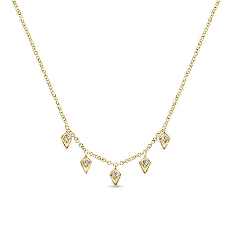 14K Yellow Gold Kite Shaped Drops Station Necklace with Diamonds - 0.07 ct - Shot 1