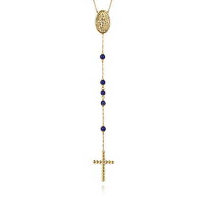 14K Yellow Gold Lapis Beads Rosary Necklace