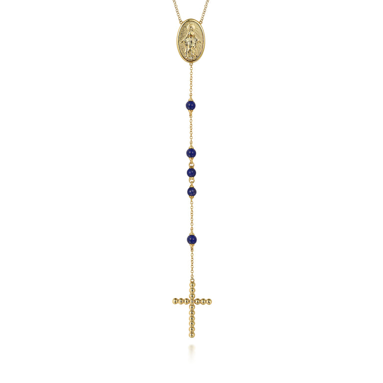 14K Yellow Gold Lapis Beads Rosary Necklace - Shot 1